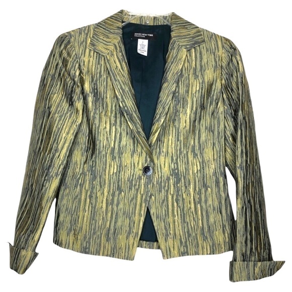 𝅺JONES NEW YORK COLLECTION Teal, Tan & Gold Single Button Blazer - Size 4 - Picture 1 of 7